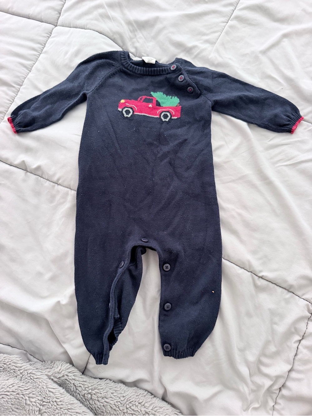 NWOT navy blue knit Starting Out holiday truck romper